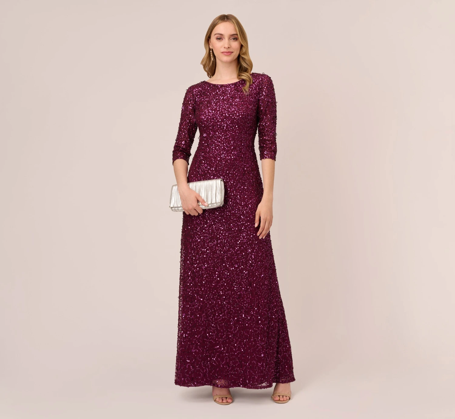 Adrianna Papell Scoop Back Sequin Gown With Three Quarter Sleeves In Cabernet 2 Adrianna Papell Scoop Back Sequin Gown With Three Quarter Sleeves In Cabernet - Image 2