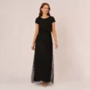 Adrianna Papell Short Sleeve Blouson Beaded Gown In Black