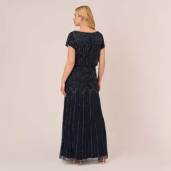 Adrianna Papell Plus Size Short Sleeve Blouson Beaded Gown In Navy 8 Adrianna Papell Plus Size Short Sleeve Blouson Beaded Gown In Navy -Glam Mirth Sales 191906601 NAV Plus Back