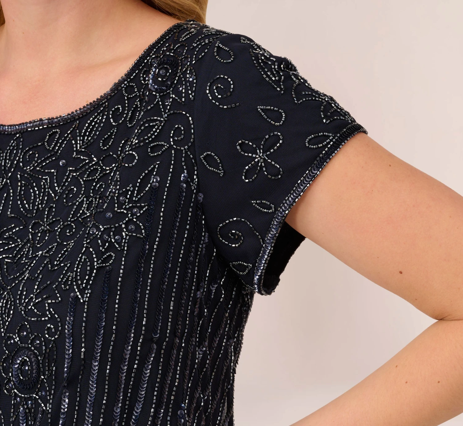 Adrianna Papell Plus Size Short Sleeve Blouson Beaded Gown In Navy 4 Adrianna Papell Plus Size Short Sleeve Blouson Beaded Gown In Navy - Image 4