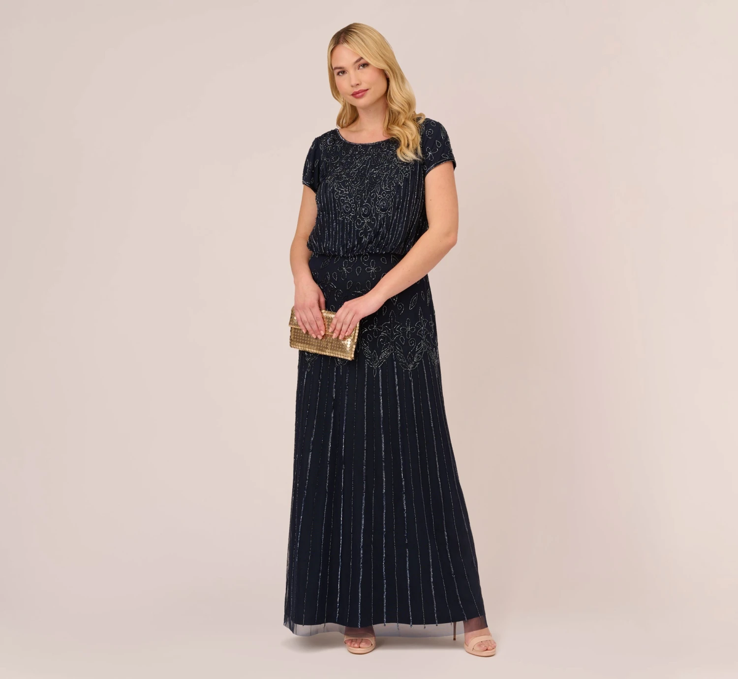 Adrianna Papell Plus Size Short Sleeve Blouson Beaded Gown In Navy 2 Adrianna Papell Plus Size Short Sleeve Blouson Beaded Gown In Navy - Image 2