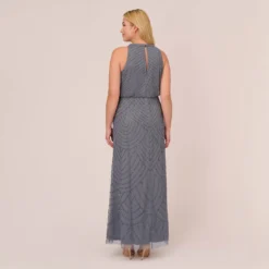 Adrianna Papell Plus Size Art Deco Beaded Blouson Dress With Halter Neckline In Dusty Blue 9 Adrianna Papell Plus Size Art Deco Beaded Blouson Dress With Halter Neckline In Dusty Blue -Glam Mirth Sales 191914100 AA463 Plus Back