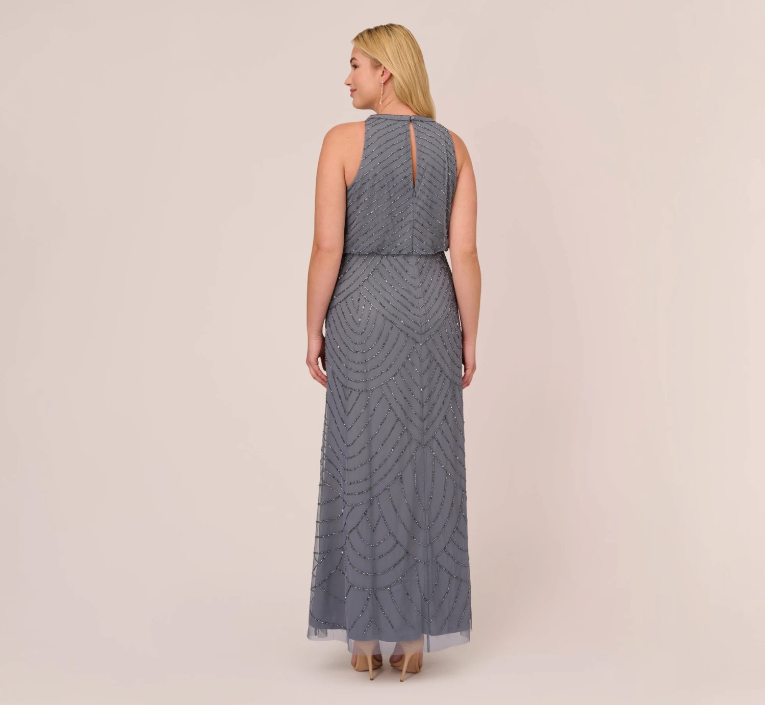 Adrianna Papell Plus Size Art Deco Beaded Blouson Dress With Halter Neckline In Dusty Blue 4 Adrianna Papell Plus Size Art Deco Beaded Blouson Dress With Halter Neckline In Dusty Blue - Image 4