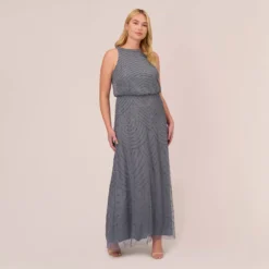 Adrianna Papell Plus Size Art Deco Beaded Blouson Dress With Halter Neckline In Dusty Blue