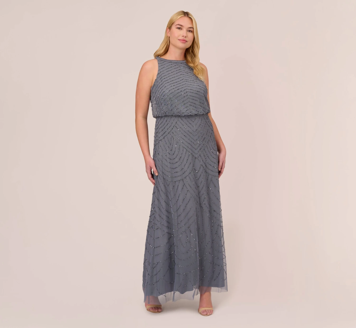 Adrianna Papell Plus Size Art Deco Beaded Blouson Dress With Halter Neckline In Dusty Blue 1 Adrianna Papell Plus Size Art Deco Beaded Blouson Dress With Halter Neckline In Dusty Blue