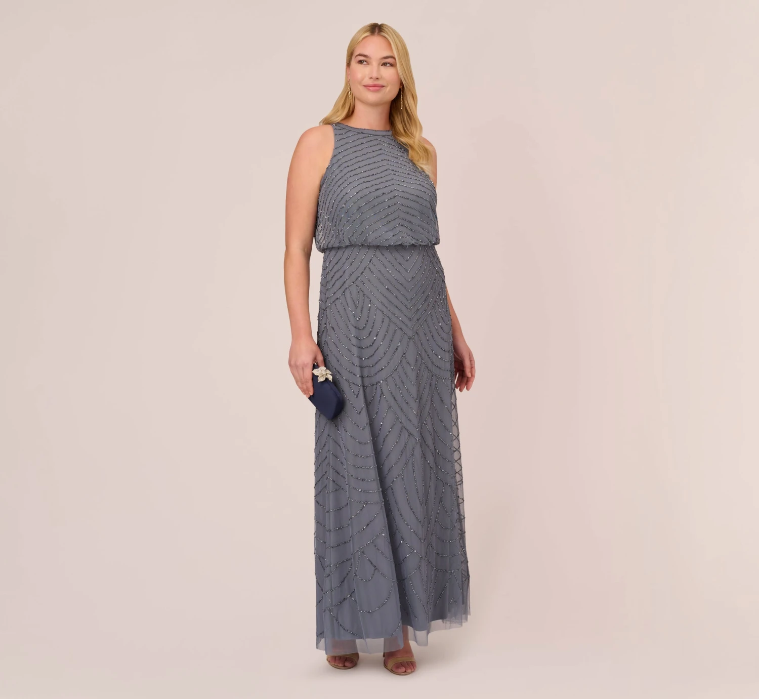 Adrianna Papell Plus Size Art Deco Beaded Blouson Dress With Halter Neckline In Dusty Blue 2 Adrianna Papell Plus Size Art Deco Beaded Blouson Dress With Halter Neckline In Dusty Blue - Image 2