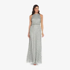 Adrianna Papell Art Deco Beaded Blouson Dress With Halter Neckline In Blue Mist 5 Adrianna Papell Art Deco Beaded Blouson Dress With Halter Neckline In Blue Mist -Glam Mirth Sales 191914100 AE485 Regular Alternate