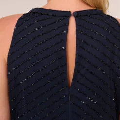 Adrianna Papell Plus Size Art Deco Beaded Blouson Dress With Halter Neckline In Navy Black -Glam Mirth Sales 191914100 AI410 Plus Lifestyle