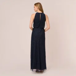 Adrianna Papell Art Deco Beaded Blouson Dress With Halter Neckline In Navy Black -Glam Mirth Sales 191914100 AI410 Regular Back