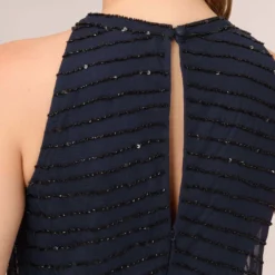 Adrianna Papell Art Deco Beaded Blouson Dress With Halter Neckline In Navy Black -Glam Mirth Sales 191914100 AI410 Regular Lifestyle