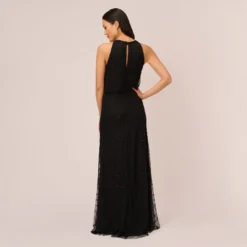 Adrianna Papell Art Deco Beaded Blouson Dress With Halter Neckline In Black Black -Glam Mirth Sales 191914100 BD002 Regular Back