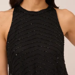 Adrianna Papell Art Deco Beaded Blouson Dress With Halter Neckline In Black Black -Glam Mirth Sales 191914100 BD002 Regular Detail