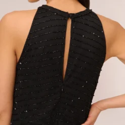 Adrianna Papell Art Deco Beaded Blouson Dress With Halter Neckline In Black Black -Glam Mirth Sales 191914100 BD002 Regular Lifestyle