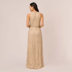 Adrianna Papell Art Deco Beaded Blouson Dress With Halter Neckline In Nude -Glam Mirth Sales 191914100 NUD Regular Back