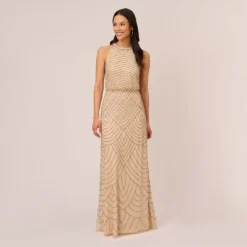 Adrianna Papell Art Deco Beaded Blouson Dress With Halter Neckline In Nude