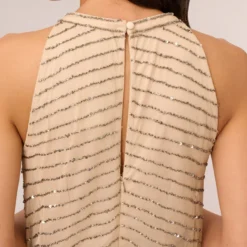 Adrianna Papell Art Deco Beaded Blouson Dress With Halter Neckline In Nude -Glam Mirth Sales 191914100 NUD Regular Lifestyle