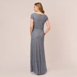 Adrianna Papell Short Sleeve Beaded Blouson Gown In Dusty Blue 9 Adrianna Papell Short Sleeve Beaded Blouson Gown In Dusty Blue -Glam Mirth Sales 191916100 AA463 Regular Back