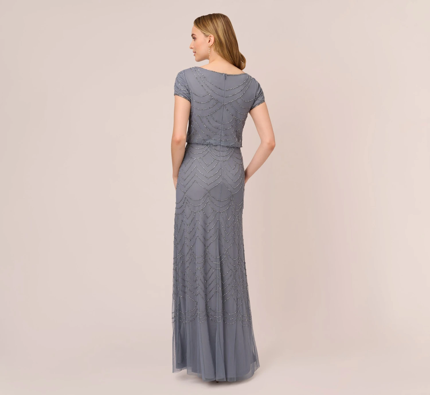 Adrianna Papell Short Sleeve Beaded Blouson Gown In Dusty Blue 4 Adrianna Papell Short Sleeve Beaded Blouson Gown In Dusty Blue - Image 4
