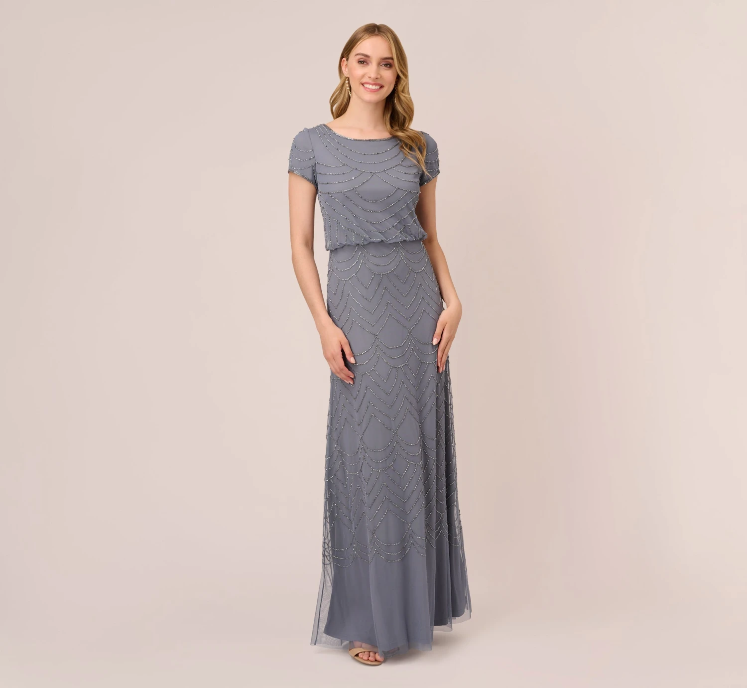 Adrianna Papell Short Sleeve Beaded Blouson Gown In Dusty Blue 1 Adrianna Papell Short Sleeve Beaded Blouson Gown In Dusty Blue