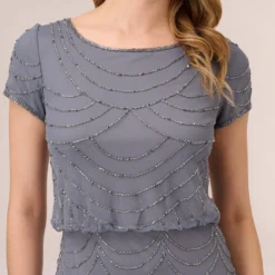 Adrianna Papell Short Sleeve Beaded Blouson Gown In Dusty Blue 8 Adrianna Papell Short Sleeve Beaded Blouson Gown In Dusty Blue -Glam Mirth Sales 191916100 AA463 Regular Detail