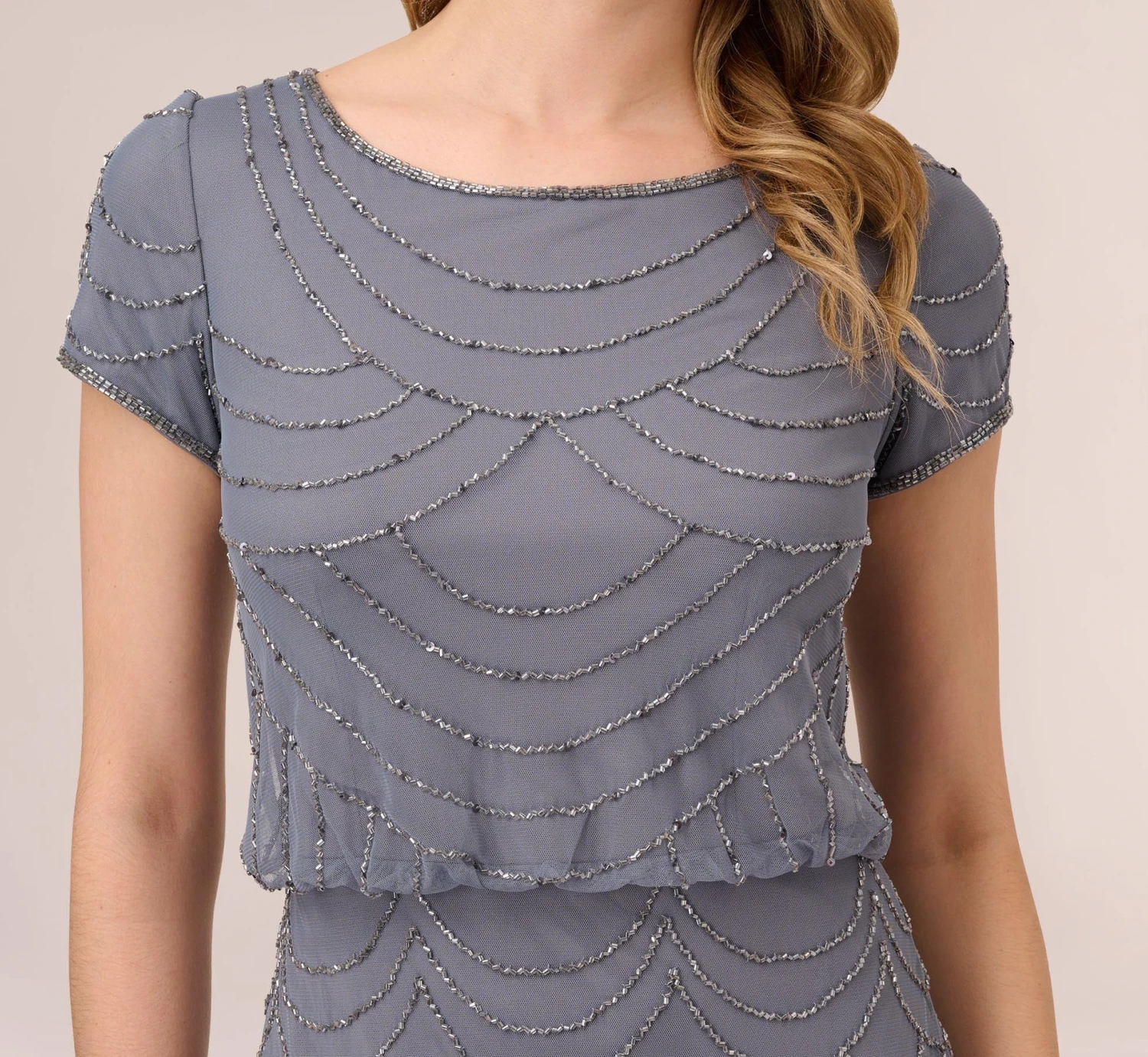 Adrianna Papell Short Sleeve Beaded Blouson Gown In Dusty Blue 3 Adrianna Papell Short Sleeve Beaded Blouson Gown In Dusty Blue - Image 3