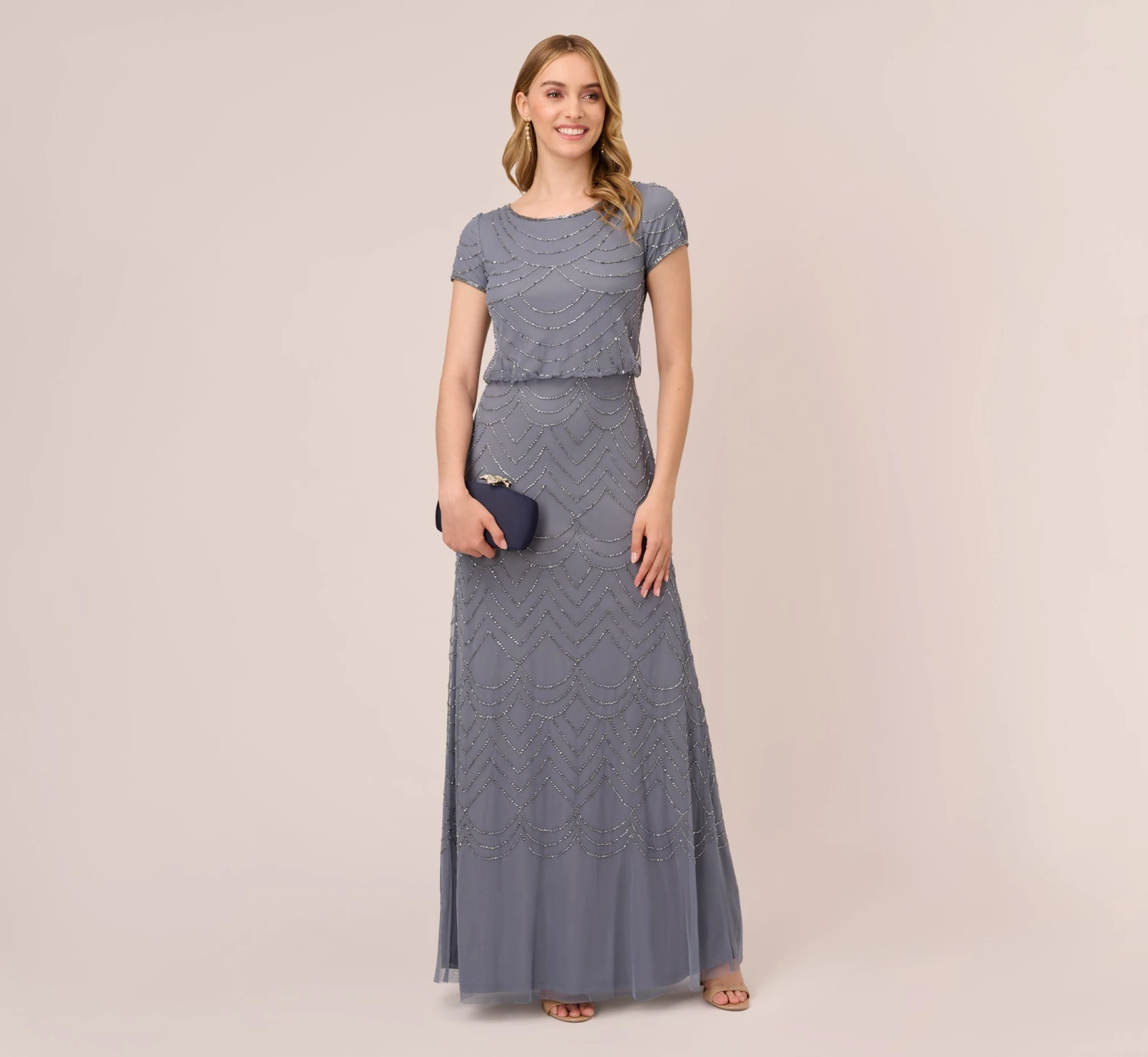 Adrianna Papell Short Sleeve Beaded Blouson Gown In Dusty Blue 2 Adrianna Papell Short Sleeve Beaded Blouson Gown In Dusty Blue - Image 2