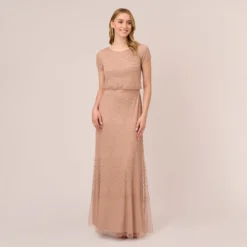 Adrianna Papell Short Sleeve Beaded Blouson Gown In Rose Gold