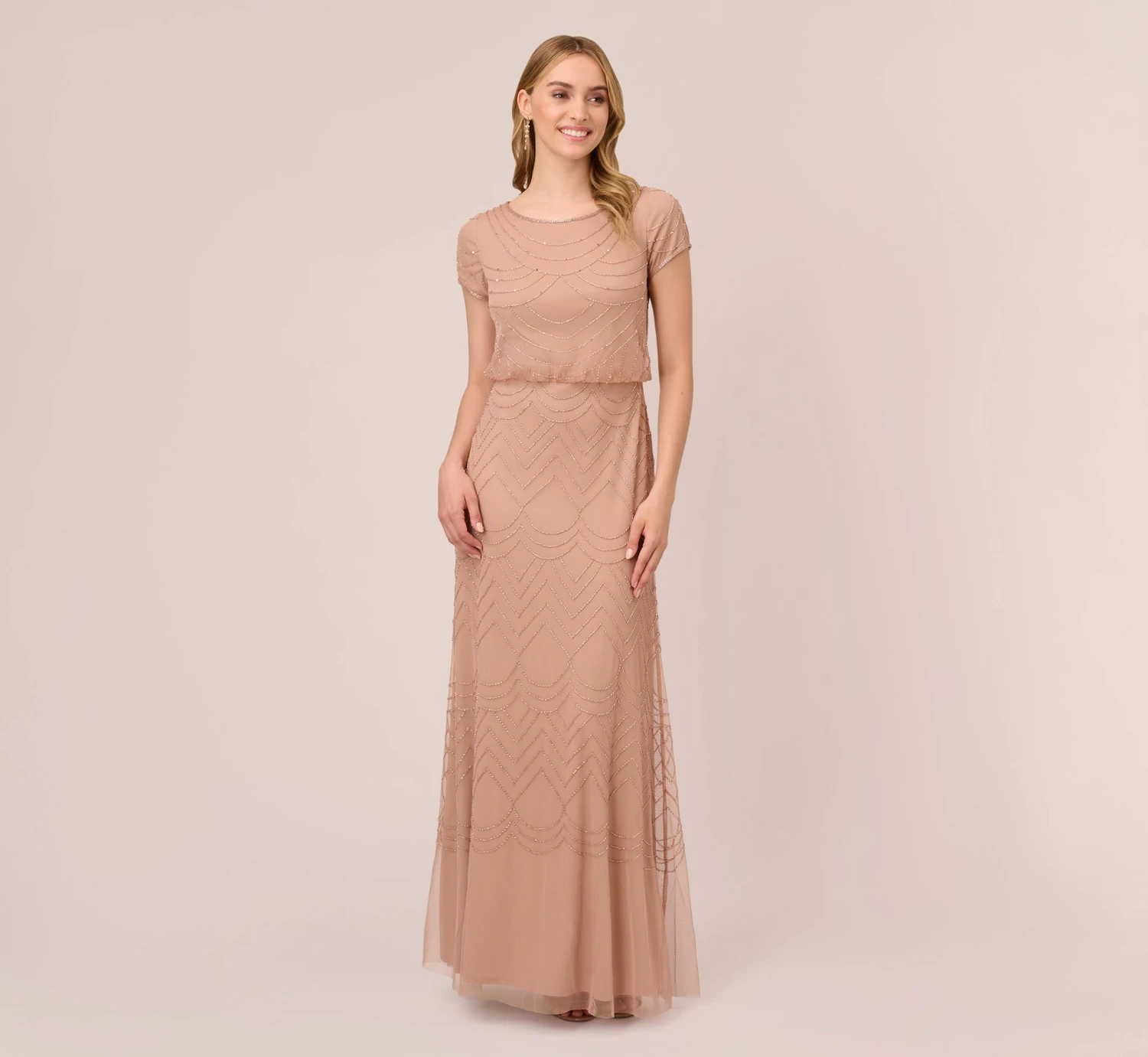 Adrianna Papell Short Sleeve Beaded Blouson Gown In Rose Gold 1 Adrianna Papell Short Sleeve Beaded Blouson Gown In Rose Gold