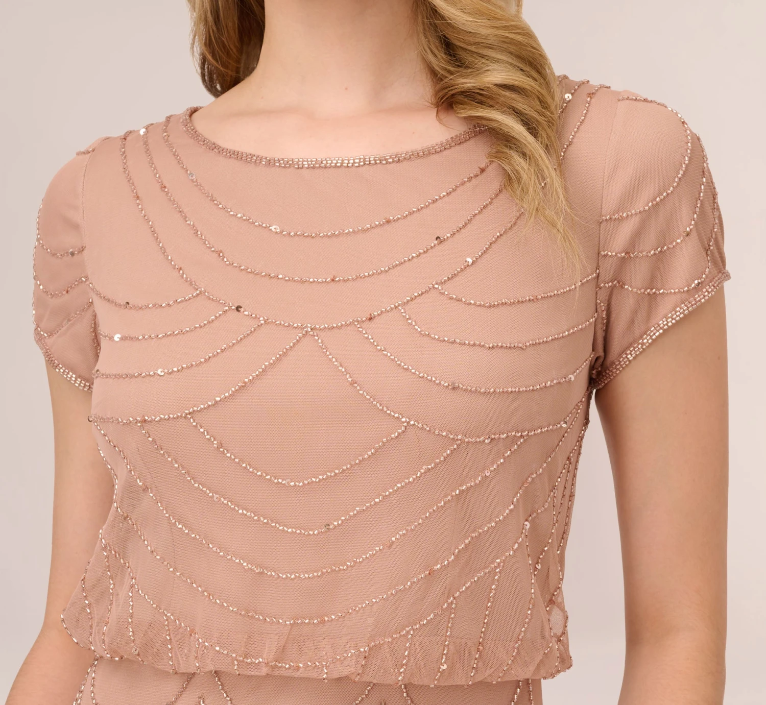 Adrianna Papell Short Sleeve Beaded Blouson Gown In Rose Gold 3 Adrianna Papell Short Sleeve Beaded Blouson Gown In Rose Gold - Image 3