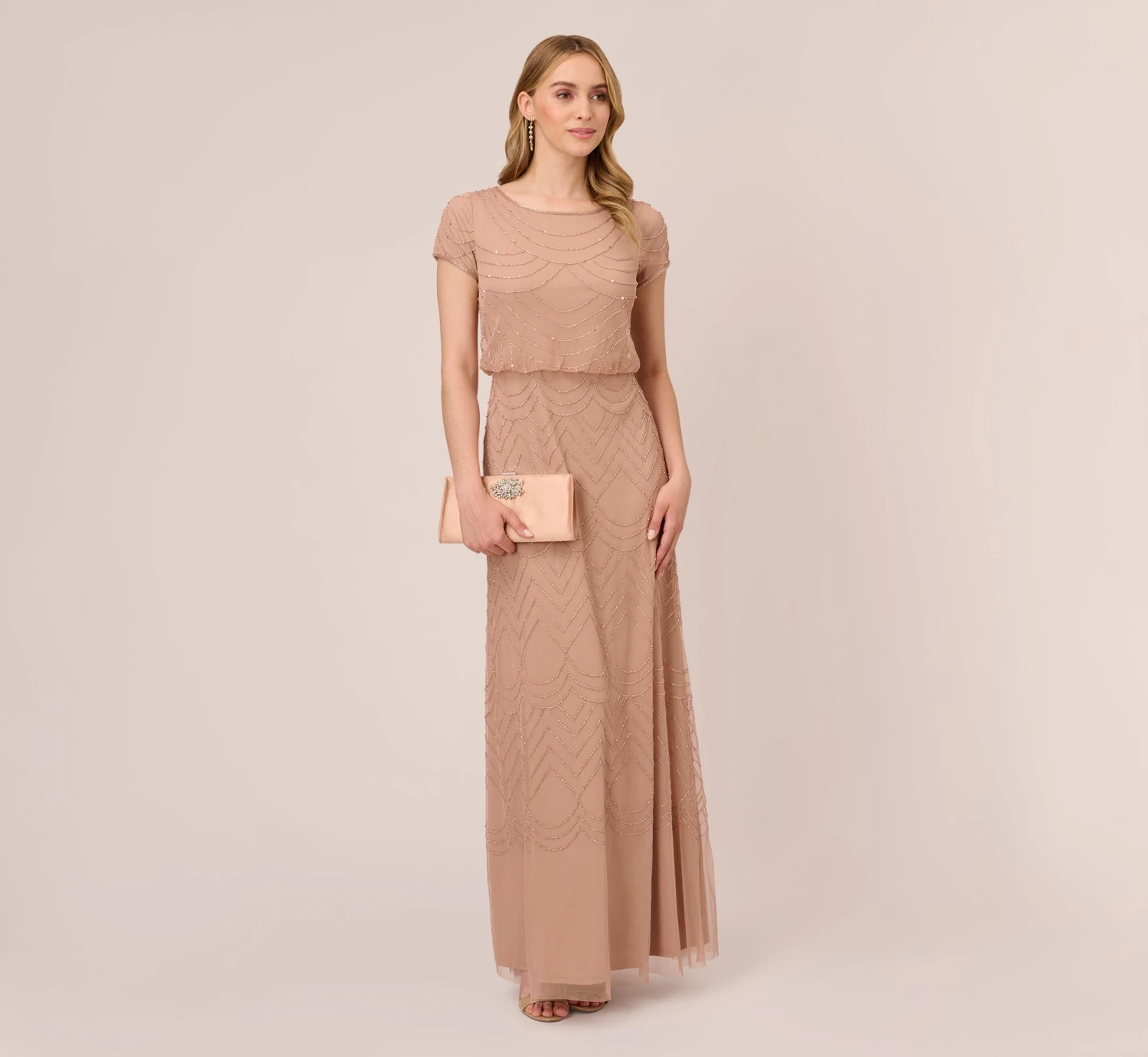 Adrianna Papell Short Sleeve Beaded Blouson Gown In Rose Gold 2 Adrianna Papell Short Sleeve Beaded Blouson Gown In Rose Gold - Image 2