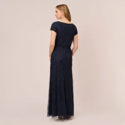 Adrianna Papell Short Sleeve Beaded Blouson Gown In Navy Black 9 Adrianna Papell Short Sleeve Beaded Blouson Gown In Navy Black -Glam Mirth Sales 191916100 AI410 Regular Back