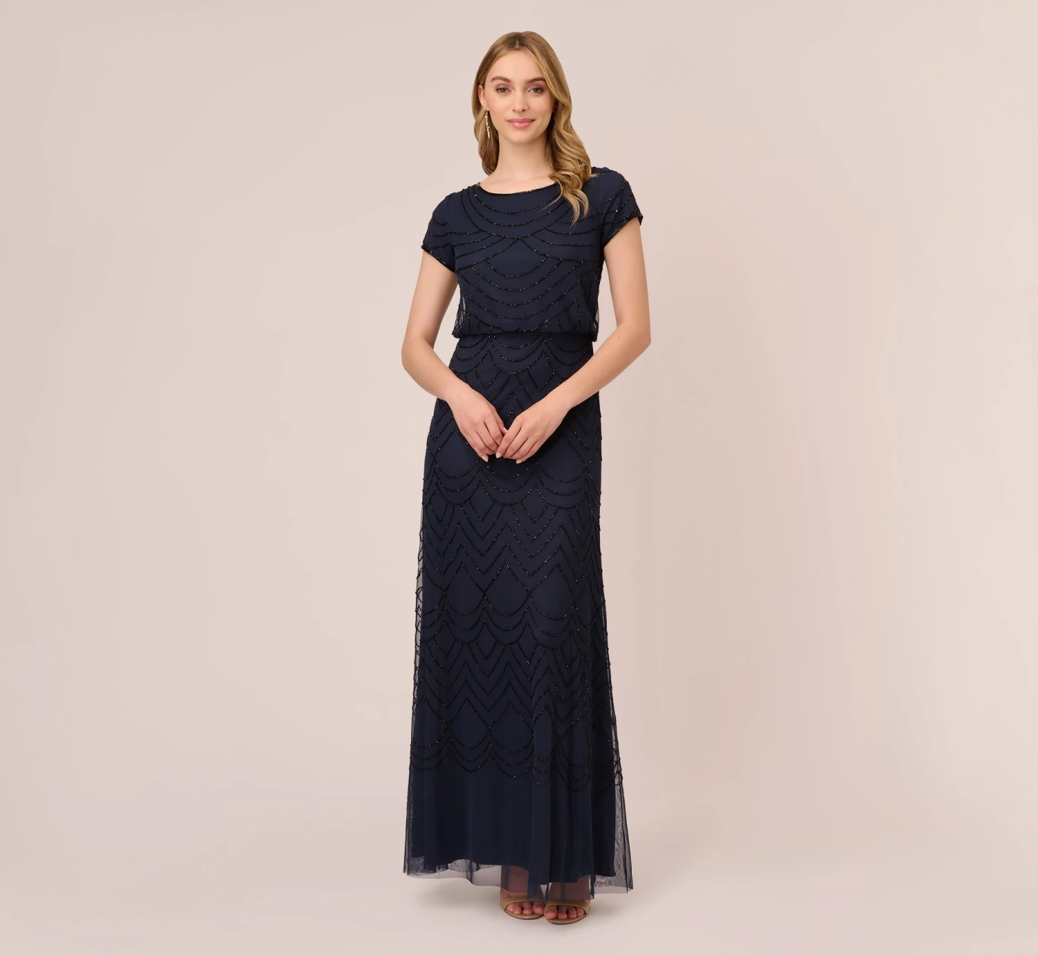 Adrianna Papell Short Sleeve Beaded Blouson Gown In Navy Black 1 Adrianna Papell Short Sleeve Beaded Blouson Gown In Navy Black