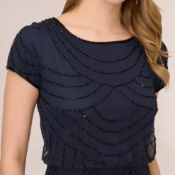 Adrianna Papell Short Sleeve Beaded Blouson Gown In Navy Black 8 Adrianna Papell Short Sleeve Beaded Blouson Gown In Navy Black -Glam Mirth Sales 191916100 AI410 Regular Detail