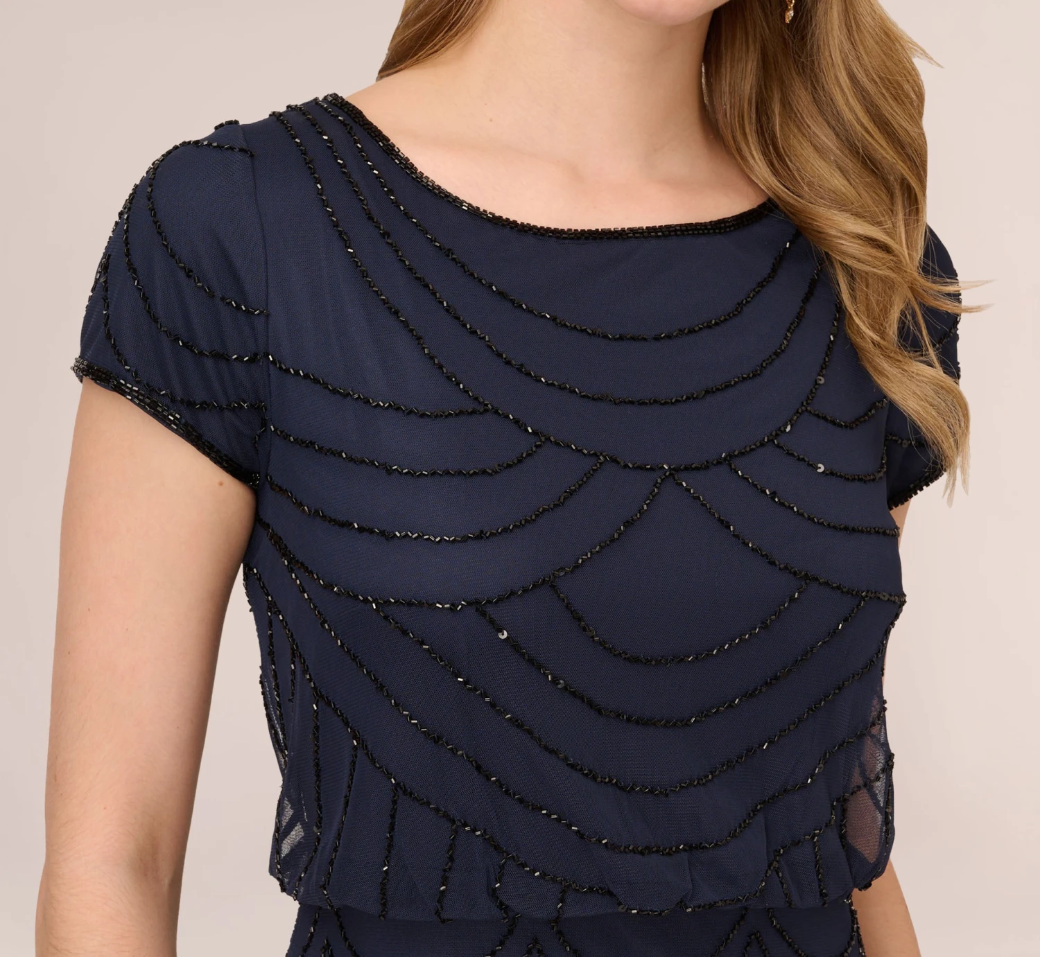 Adrianna Papell Short Sleeve Beaded Blouson Gown In Navy Black 3 Adrianna Papell Short Sleeve Beaded Blouson Gown In Navy Black - Image 3