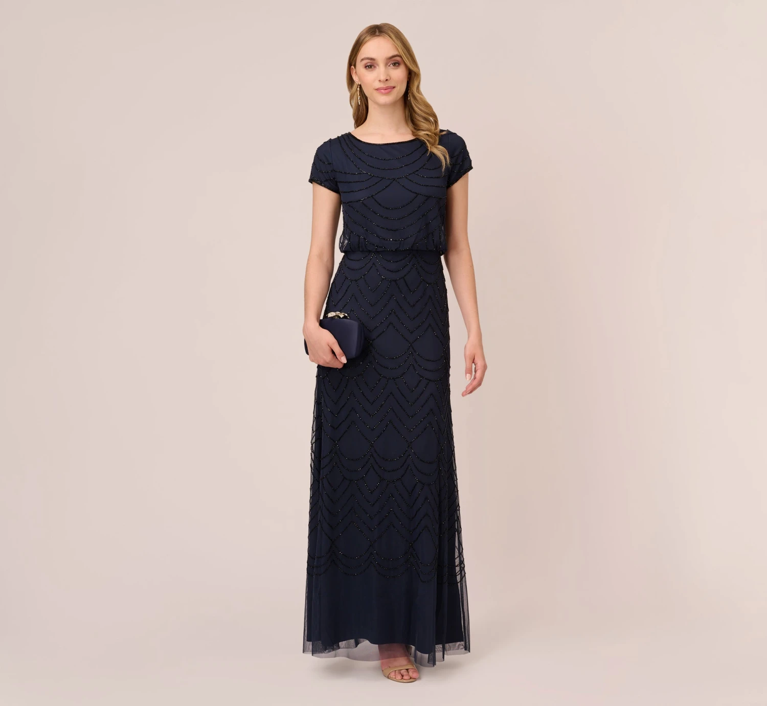 Adrianna Papell Short Sleeve Beaded Blouson Gown In Navy Black 2 Adrianna Papell Short Sleeve Beaded Blouson Gown In Navy Black - Image 2