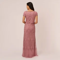 Adrianna Papell Short Sleeve Beaded Blouson Gown In Rose Mercury 9 Adrianna Papell Short Sleeve Beaded Blouson Gown In Rose Mercury -Glam Mirth Sales 191916100 AP694 Regular Back