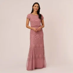 Adrianna Papell Short Sleeve Beaded Blouson Gown In Rose Mercury