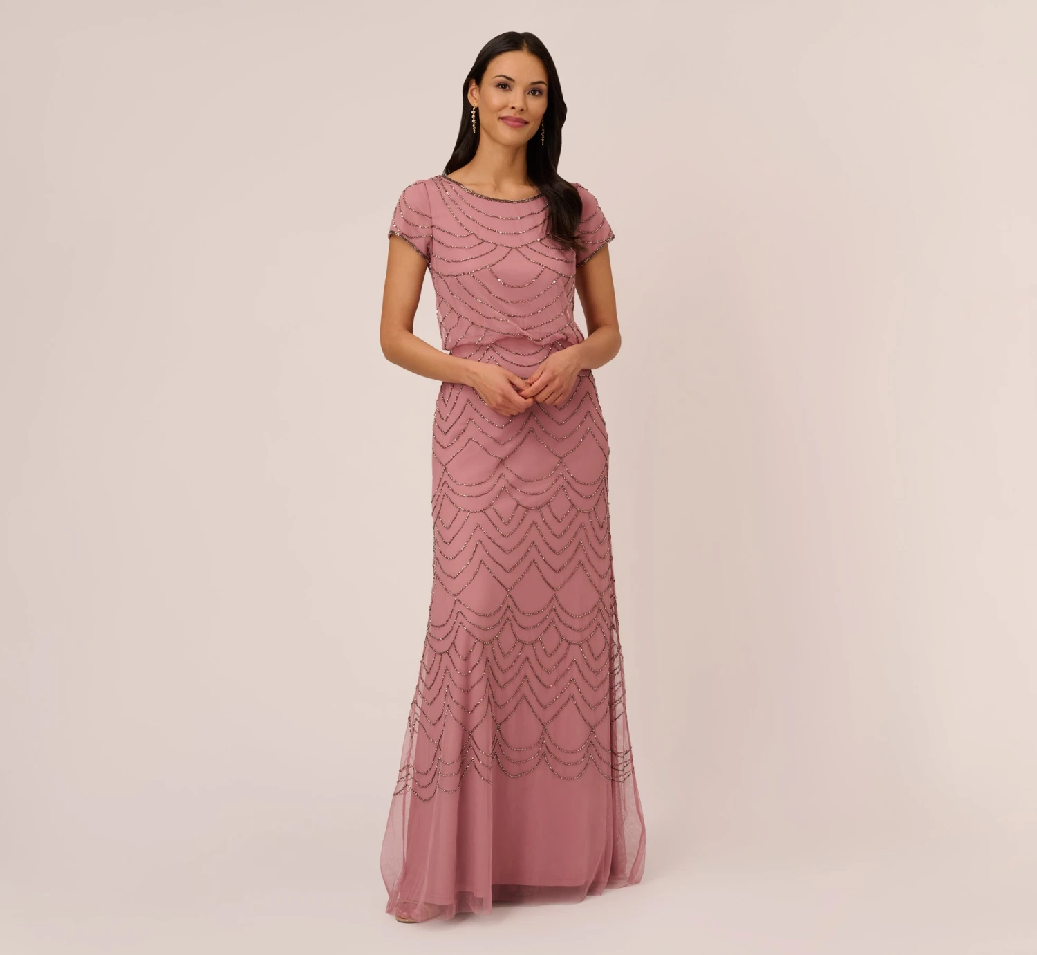 Adrianna Papell Short Sleeve Beaded Blouson Gown In Rose Mercury 1 Adrianna Papell Short Sleeve Beaded Blouson Gown In Rose Mercury