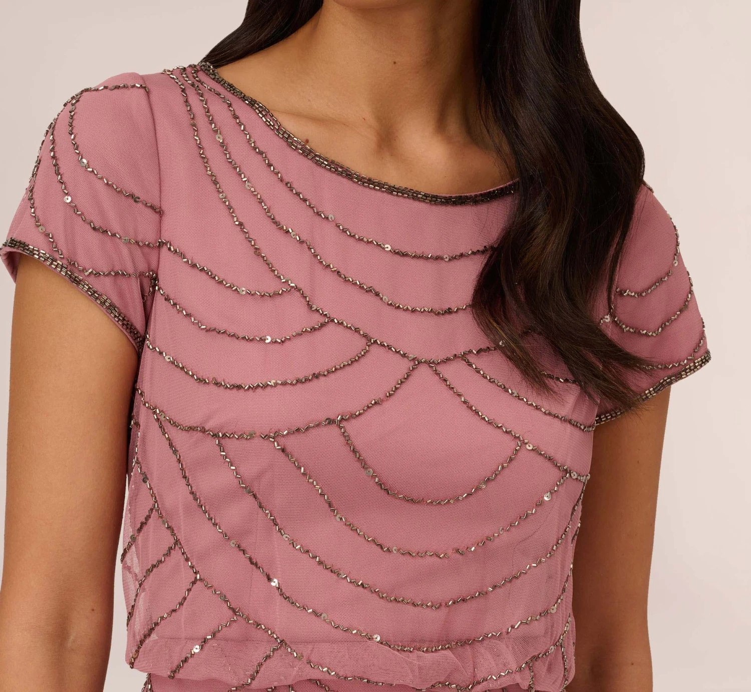 Adrianna Papell Short Sleeve Beaded Blouson Gown In Rose Mercury 3 Adrianna Papell Short Sleeve Beaded Blouson Gown In Rose Mercury - Image 3