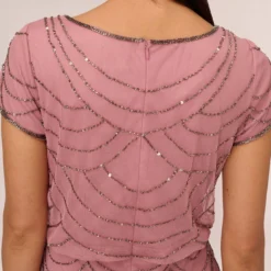 Adrianna Papell Short Sleeve Beaded Blouson Gown In Rose Mercury 10 Adrianna Papell Short Sleeve Beaded Blouson Gown In Rose Mercury -Glam Mirth Sales 191916100 AP694 Regular Lifestyle