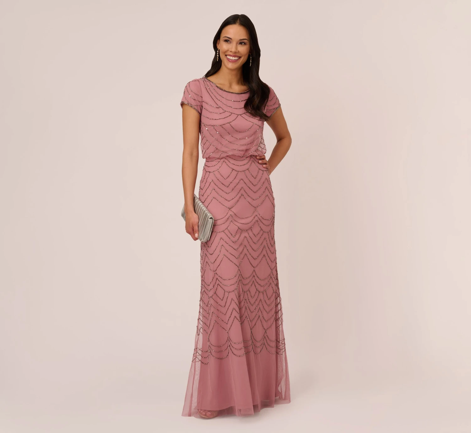 Adrianna Papell Short Sleeve Beaded Blouson Gown In Rose Mercury 2 Adrianna Papell Short Sleeve Beaded Blouson Gown In Rose Mercury - Image 2