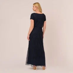 Adrianna Papell Plus Size Short Sleeve Beaded Blouson Gown In Navy Black 8 Adrianna Papell Plus Size Short Sleeve Beaded Blouson Gown In Navy Black -Glam Mirth Sales 191916101 AI410 Plus Back