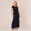 Adrianna Papell Plus Size Short Sleeve Beaded Blouson Gown In Navy Black