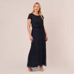 Adrianna Papell Plus Size Short Sleeve Beaded Blouson Gown In Navy Black