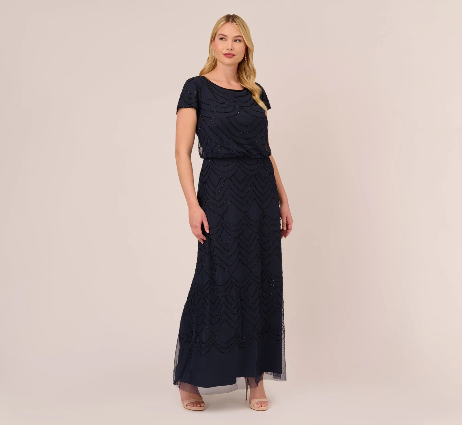 Adrianna Papell Plus Size Short Sleeve Beaded Blouson Gown In Navy Black 1 Adrianna Papell Plus Size Short Sleeve Beaded Blouson Gown In Navy Black