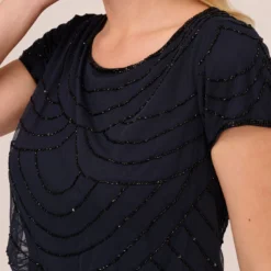 Adrianna Papell Plus Size Short Sleeve Beaded Blouson Gown In Navy Black 9 Adrianna Papell Plus Size Short Sleeve Beaded Blouson Gown In Navy Black -Glam Mirth Sales 191916101 AI410 Plus Lifestyle