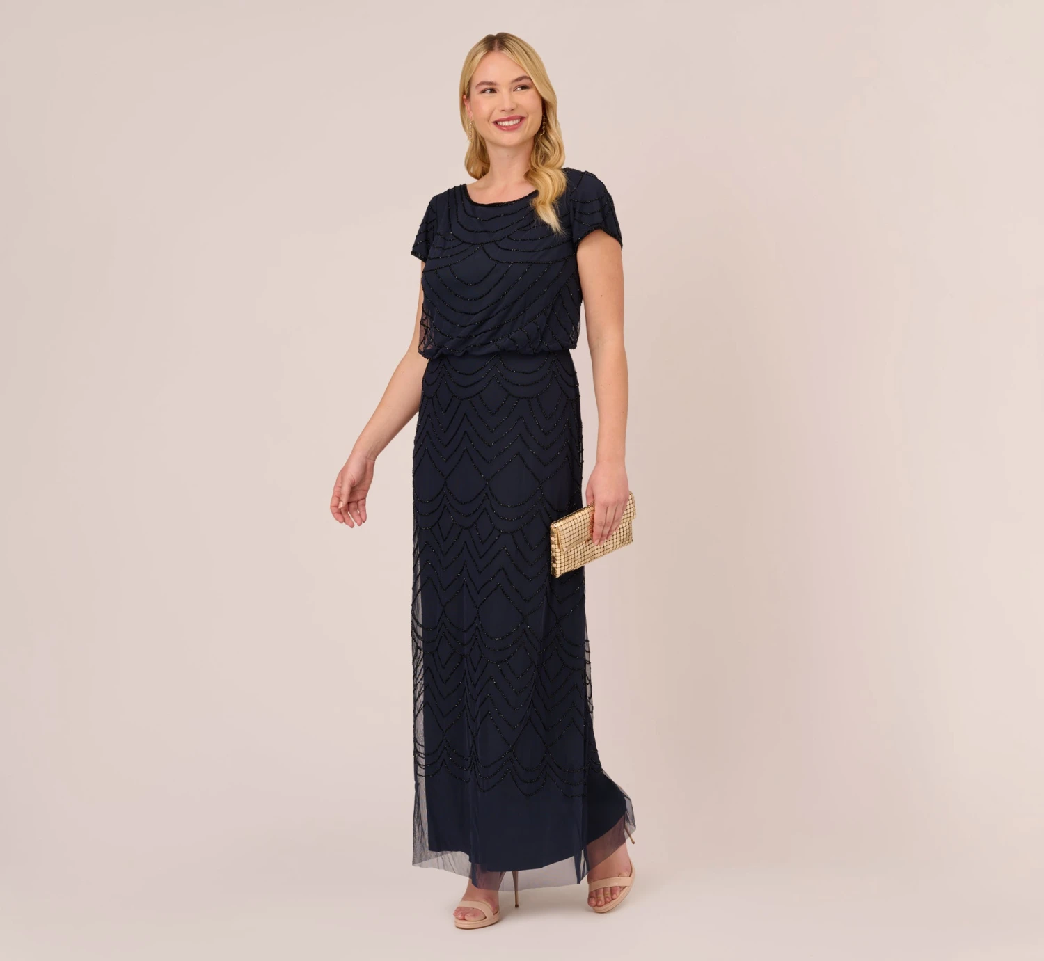 Adrianna Papell Plus Size Short Sleeve Beaded Blouson Gown In Navy Black 2 Adrianna Papell Plus Size Short Sleeve Beaded Blouson Gown In Navy Black - Image 2