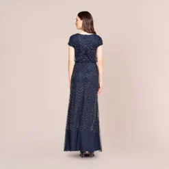 Adrianna Papell Short Sleeve Beaded Blouson Gown In Navy 5 Adrianna Papell Short Sleeve Beaded Blouson Gown In Navy -Glam Mirth Sales 19191610 AC410 Regular Back