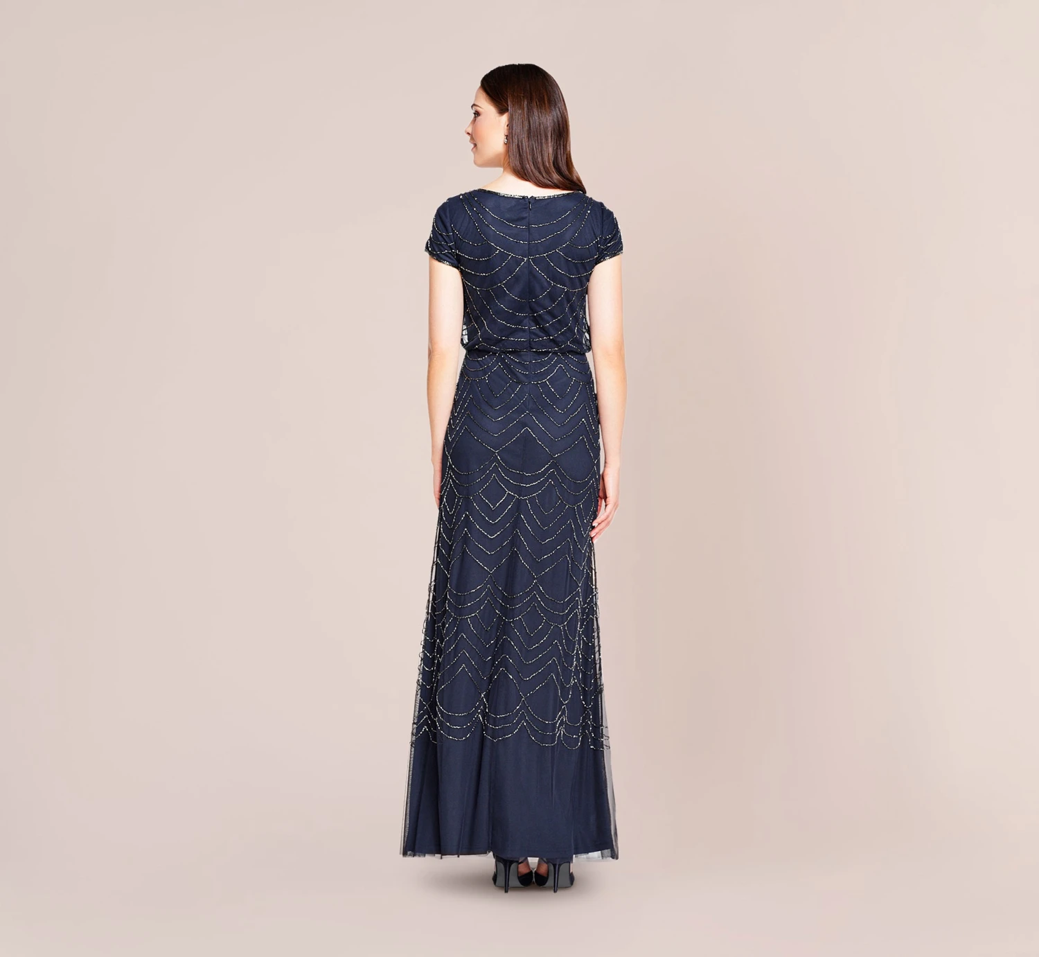 Adrianna Papell Short Sleeve Beaded Blouson Gown In Navy 3 Adrianna Papell Short Sleeve Beaded Blouson Gown In Navy - Image 3