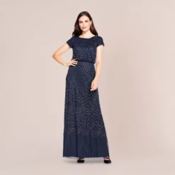Adrianna Papell Short Sleeve Beaded Blouson Gown In Navy
